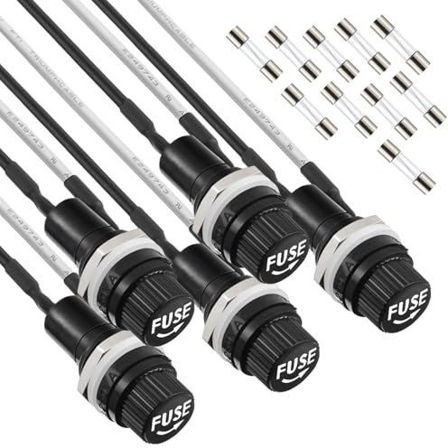 JAMHER 5 Pack Panel Mounted Fuse Holder 5x20mm Screw Cap Fuse Holder 250V AC 10A 125V AC 15A 12V DC Fuse Holder with Pre-Soldered Wires and 10A/15A Fast Blow Glass Fuse kit(5 * 20mm)