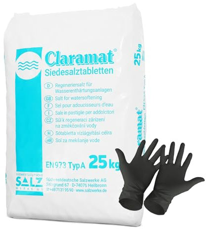 Claramat Siedesalz Tabletten 25kg Siedesalztabletten Regeneriersalz Enthärtersalz inklusiv 1 Paar ARNOMED Einweghandschuh