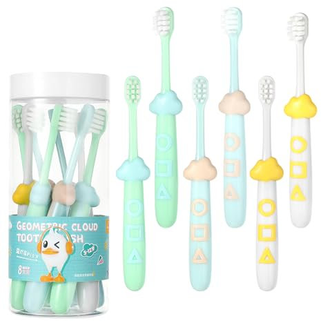 8er Set Zahnbürste 2 Jahre, Zahnbürste Kinder 2-6 mit Wolken & Geometrischen Mustern, Ergonomischer Griff für Kind ab 2 Jahren, Weiche Borsten, 3 Farben zur Mundhygiene