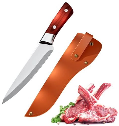 Fleischmesser Extrem Scharf, 2025 Neu Hochcarbonstahl Ausbeinmesser mit Ledersetztücke Kochmesser, 17cm Profi Filetiermesser Holzgriff Küchenmesser für Fleisch, Gemüse, Fisch (Obstmesser)