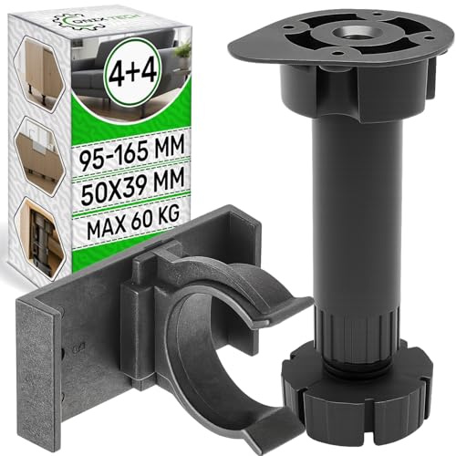 ONIX TECH 4 Pezzi Piedini per Mobili Regolabili Neri 95-165 mm con Portata 60 kg e 4 Pezzi Ganci per Zoccolo Cucina - il Set è Realizzato in Plastica - Garanzia di 5 Anni