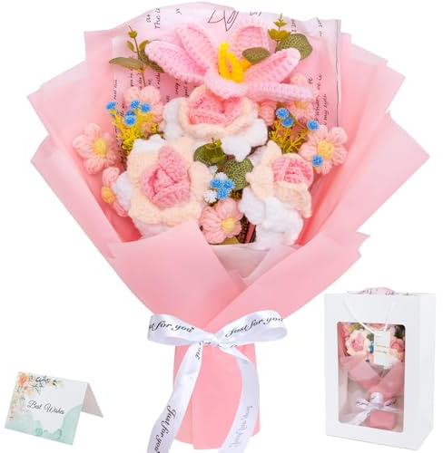 QEEYON Bouquet di rose intrecciate a mano, Bouquet di fiori all'uncinetto artificiali, Adatto per la laurea, matrimoni, compleanni, festa della mamma - Incluso sacchetto regalo e biglietto