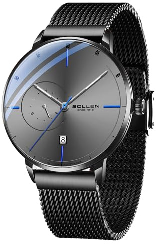 SOLLEN Minimalistische Automatikuhren Herren,Grau Automatische Herrenuhren,Originales Mechanisches Uhrwerk,3ATM Wasserdicht Leuchtend Selbstaufzug Herrenuhr mit Kalendar,Business Armbanduhr für Männer