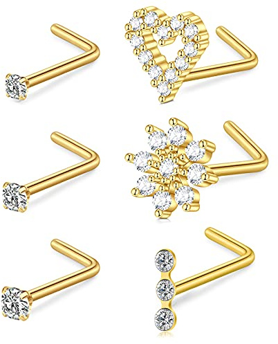 MODRSA Gold Nose Studs 20g L Shaped Diamond Nose Rings Stud for Women in Surgical Steel