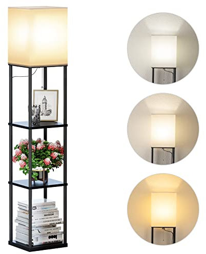 SUNMORY Lampadaire Etagere, 3 Températures de Couleur, avec Ampoule LED, Lampe sur Pied decoration pour Salon, Chambre, Étudier, Bureau,Lampadaire noir