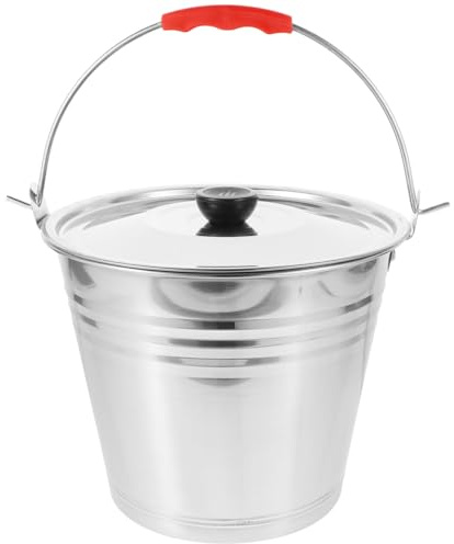 Stainless Steel Bucket with Lid 22.5x22.5x20.5cm Red | Large Capacity Pail for Hotels Pastures, Stable Handle, One-Piece Molding, Labor-Saving Handling, Sturdy Construction