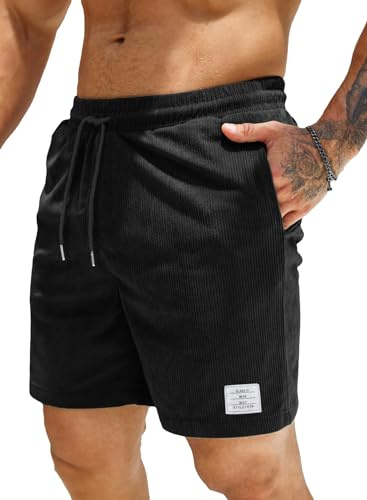 Elegancity Mens Corduroy Shorts Casual Summer Beach Shorts Regular Fit Drawstring Elastic Waist Short Pants with Pockets (Black, M)