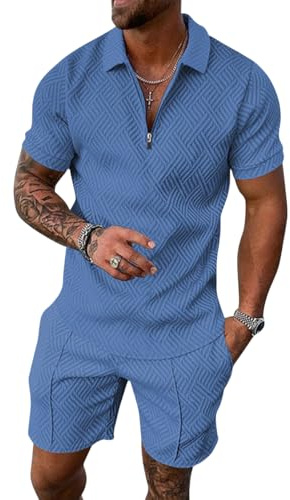ticticlily Ensemble Homme Sets Ete Tenues Survêtement Costumes Plage Vacances 2 Pcs Sport Polo Manches Courtes A Bleu Ciel 4XL