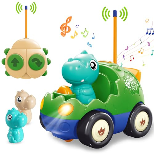 Pup Go Coche de Dinosaurio RC Cartoon para Niños Pequeños 18 Meses+ con Música y 2 Muñecas Intercambiables, Primer Coche de Control Remoto para Niños y Niñas, Cumpleaños o Navidad