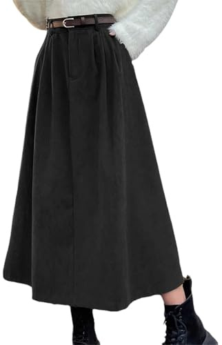 KBOPLEMQ Falda de pana vintage para mujer, cintura alta, acampanada, falda midi elástica, cintura alta, plisada, elegante, larga, informal, cálida, longitud media, falda de invierno, elegante y larga,