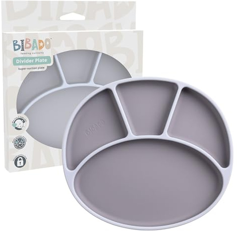 BIBaDO - Silicone Suction Divider Plate (Mist) - Toddler Plates - Help Develop Motor Skills - Durable, Dishwasher & Microwave Safe, BPA Free - Medical Grade - Baby Essentials - 6 Months to 3 Years