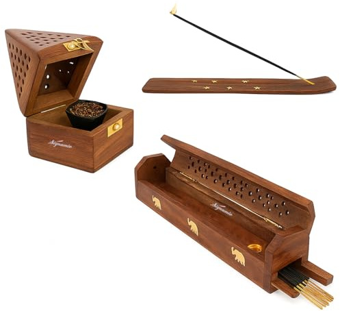 SIGNAMIO® 3 st premium trä sambrani dhoop & rökelsepinne Agarbatti hållare set: Agarbatti stativ med askfångare, Pooja rumsdekoration, Pooja Thali-tillbehör och herrdekorartiklar