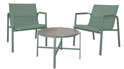 Acomoda Textil – Conjunto Jardín de 2 Sillones + Mesa de Acero Resistente, Decorativo y Ligero. Asiento para Exterior en Patio, Balcón y Terraza de Fácil Instalación. (Verde, 3 Piezas)