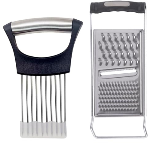 SGERUFZ 1 PCS Cortador de Cebolla y Soporte, Herramienta de Cocina para Cortar Verduras, más 1 PCS Rallador de Cocina Acero Inoxidable con Rebanador de Pepino para Rodajas Finas, Cuadrado y Verduras