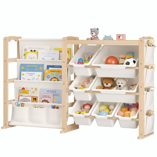 Fodoss Book Shelf for Kids Rooms - Toy Storage Organizer with Bookshelf, Solid Wood Kids Bookshelf with 7 Bins, Side Storage Pockets, Large Toy Organization for Nursery, Natural Pine
