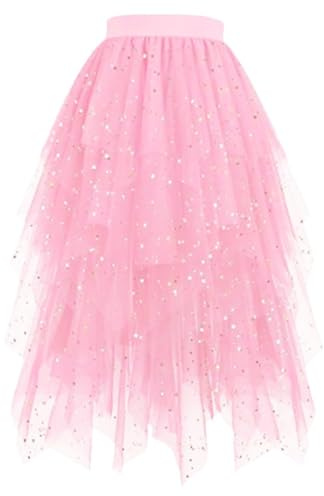Générique Jupe Tulle Femme Paillette Robe Longue Tutu Irrégulier Superposée Jupes Plissée A-Line Elastique Taille Jupe Tutu Midi pour Carnaval Halloween Daily Prom Party Thé
