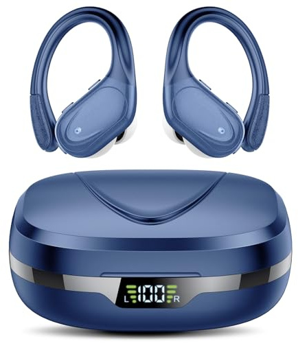 Auriculares Inalambricos, Auriculares Bluetooth 5.3 Deportivos con Gancho de la Oreja, 60H de Reproducción, Pantalla LED, Llamada ENC HD, Profundamente Bajo, Ajuste Cómodo, IP7 Impermeable Azul Claro