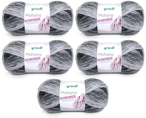 Gründl Mohanna - Ovillo de lana para tejer y ganchillo (90% poliacrílico, 10% mohair, 5 x 100 g), color gris antracita y negro