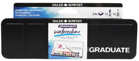 Daler-Rowney Graduate Watercolour, Funda de cartón, Medio Godet, Set para estudiantes, 24 colores surtidos + 1 pincel de acuarela Graduate + 1 lápiz de grafito Lyra Graduate