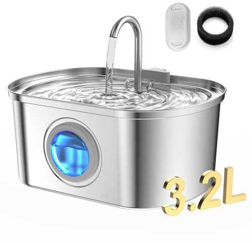 Cat Water Fountain Stainless Steel with Water Level Window,108oz/3.2L Cat Fountain Quiet Automatic Pet Water Fountain for Cats and Small Dogs