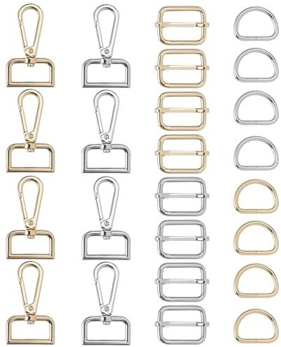24Pcs 34mm Taschenzubehör zum Nähen,D-ringe ,Schiebeschnallen und Drehbarer Karabiner,Karabinerhaken für Taschen Diy ,Taschen Zubehör Metall Drehgelenk Karabinerhaken Set ,Groß Schnalle ( Gold Silber)