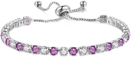 Sfoni Tennis Bracelets for Women, Hypoallergenic Month Birthstone Bracelet with Cubic Zirconia Adjustable Slider Silver Bracelet Jewellery Gifts for Lady Girls Birthday Graduation Gifts, February