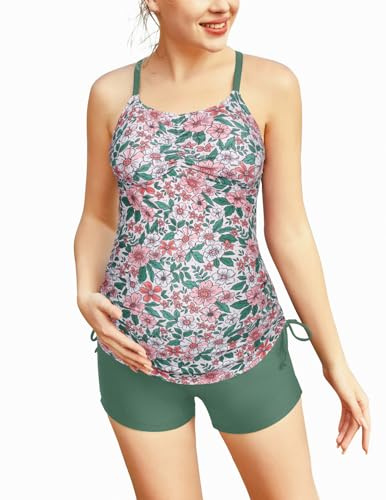 Pregnancy Bathing Suits Maternity Criss Cross Tankini Swimsuits White+Pink Flowers L