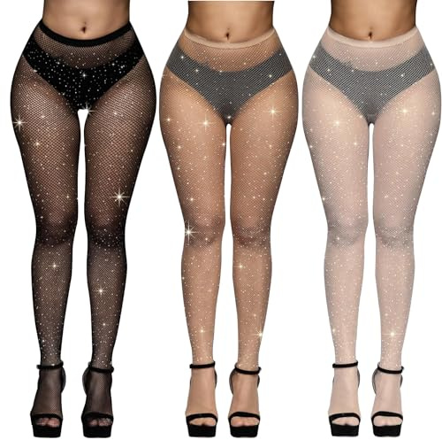 DGUSO Calze a Rete Donna Glitterate per Feste, Balli, Spettacoli, Cosplay, Halloween (Bianco/Nero/Carne) 3 Paia