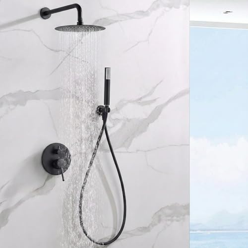 IMEX - Ducha Empotrada Negra Monomando | Conjunto de Grifería Empotrado con Alcachofa y Rociador Antical Efecto Lluvia | Columna Ducha Empotrada con Grifo en Latón y Acero Inox S.304 | Serie Monza