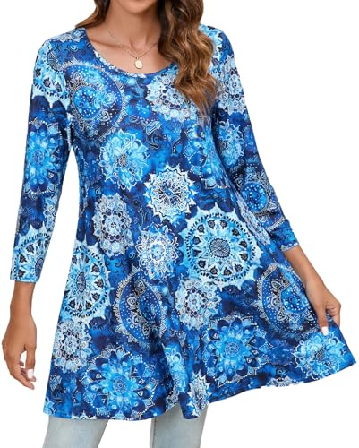 Enmain Maglia Tunica Donna Manica Lunga Maglietta a Maniche Lunghe 3/4 Taglie Forti Blusa Scollo Tondo Floreale Stampata Camicia Blu Reale XL