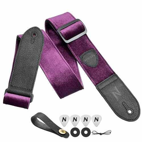Nefelibata Gitarrengurt,Doppeltes Vollnarbenleder,Vintage Velvet Strap/FREE BONUS-4 Plektren+Strap Locks+Strap Button,Geschenk für Bass,Elektro&Akustik Gitarren(Weinlese Charming Violett)