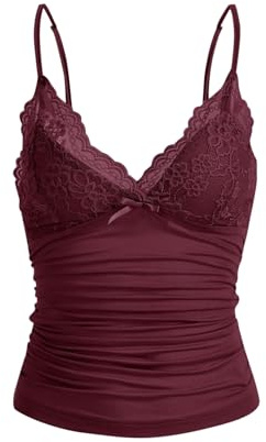 GORGLITTER Camisole Y2K pour femme à bretelles spaghetti Tops Crop Top col V avec dentelle contrastée, bordeaux, M