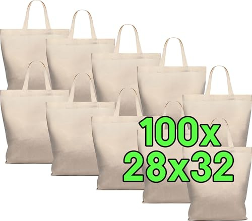 ELES VIDA Bolsa de algodón en blanco, con dos asas largas OEKO-TEX®, bolsa de transporte, bolsa de algodón, bolsa de la compra, bolsa de yute, bolsa de tela, Naturaleza | 28 x 32 cm, 100 Bolsas