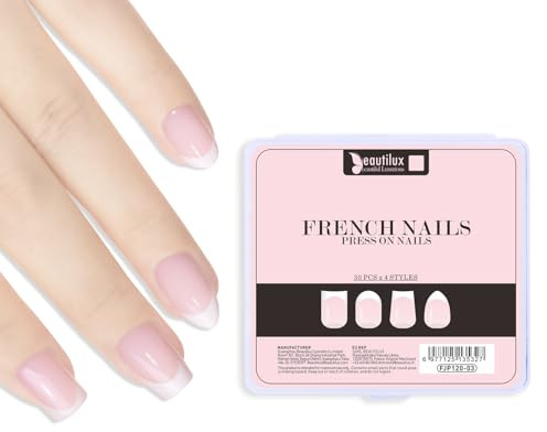 Beautilux Faux Ongles Courts Press on Ongles French 120 Pièces, 4 Modèles Différents 15 tailles, Soak Off Faux Ongles Pose Americaine Pour Manucures à Domicile (FJP120-03)