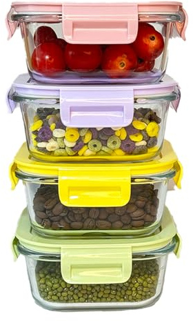 H.JSS WDJS 4Pack Square Glass Food Storage Containers With Lids, 500ML Glass Meal Prep Containers Reusable, Food Box for LunchSoupLeftovers, Microwave, Oven, Freezer, Dishwasher safe (Mixed color
