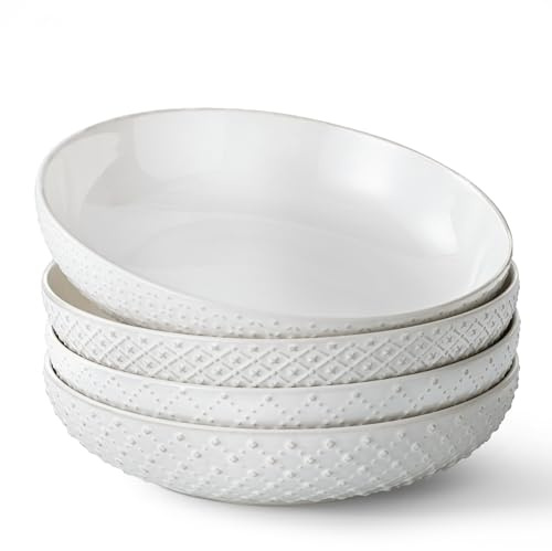 Y YHY 8.5 Pasta Bowls Set of 4, 30 oz Embossed Salad Bowls for Serving Soup, Noodle, Fruit, Dinner, Kitchen Deep Plates, Ceramic Dinnerware Sets, Soft White Dishes for Thanksgiving Day Gifts