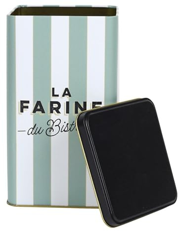 HowHomely Bistrot Flour Tin 2L Green/White Stripes - Metal Storage Jar with Black Lid, Kitchen Storage Tin for Flour or Dry Food in Bistro Style