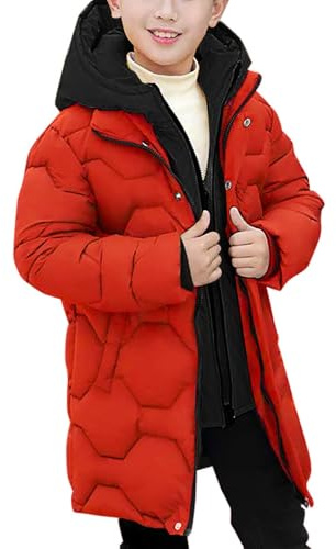 Chaqueta acolchada de invierno para niños grandes con capucha en contraste, abrigo impermeable acolchado cálido, parka acolchada con forro polar, elegante ropa de plumón aislante, rosso, 15-16 años