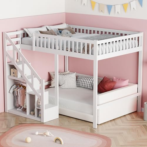 Lit Superposé Enfant 140x200, Lit Mezzanine 2 Places avec Escalier de Rangement, Barrière de Sécurité, Lit en Hauteur Enfant avec sommier à Lattes,Pin,pour Garçon Fille,sans Matelas (Blanc, 140x200)