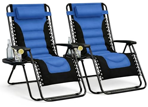 Straame XXL Padded Zero Gravity Chairs Set of 2, Folding Reclining Garden Chairs, Camping Chair Sun Loungers, Lockable 160° Patio Recliners with Adjustable Headrest (Padded, Navy)