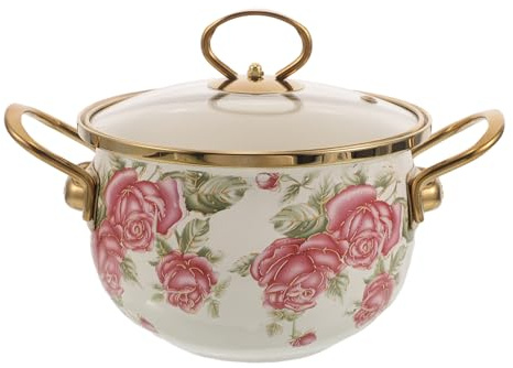 TOMETURE Pentola da Cucina Vintage in Smalto con Decorazioni Floreali e Coperchio in Vetro - Pentola Antiaderente in Smalto da 2,11 Litri con Doppi Manici, Ideale per Pasta, zuppe e Spaghetti -