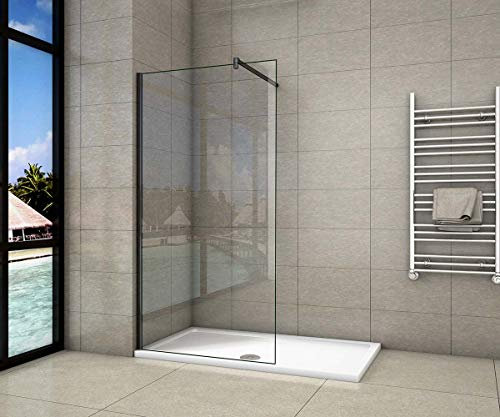 Parete Doccia Walk-In 100x200 cm con telaio nero opaco vetro temperato 8 mm easy clean con barra stabilizzatrice nero opaco Tagliabile: 90cm