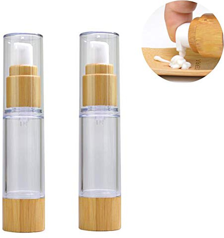 2Pcs 100ml/3.4oz Empty Plastic Airless Vacuum Pump Press Bottles Lotion Dispenser with Eco Bamboo Lid and Bottom Travel Makeup Cosmetic Containers Jar Vials for Emulsion Essence Serum