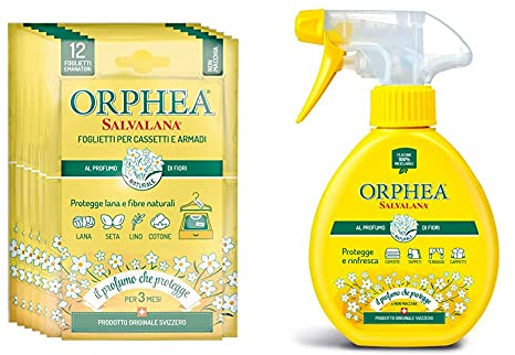 Orphea Salvalana, Foglietti Emanatori Per Cassetti E Armadi, Per Lana E Vestiti Tutta La Stagione & Salvalana, Spray Protezione Tappeti E Capi Grandi Dimensioni, Profumo Naturale Di Fiori, 150 Ml