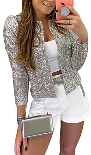 Tomwell Femme Boléro Paillette Brillante Blazer Cardigan Soirée Cocktail Cérémonie Fête Danse Bal Haut Sequins Manche Longue Clubwear Argent L