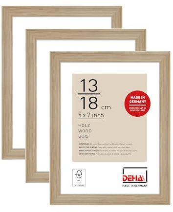DEHA Design cadre photo, 13 x 18 cm (set de 3), bois, Chêne, cadre photopour poserau format paysage et portrait, verre synthétique, Fontana
