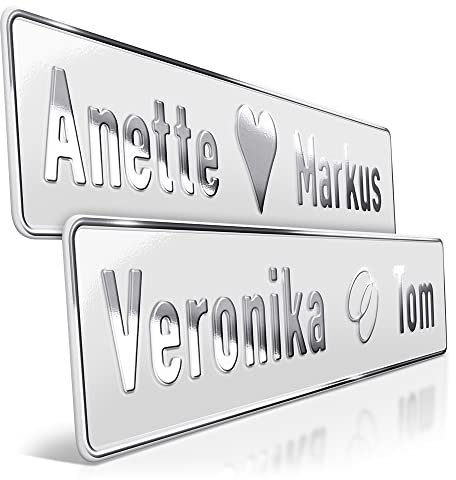 1 Hochzeit Autoschild Weiß | Chrom Silberprägung Wunschtext | Herz & Ringe | Aluminium Hochzeitsschild | Hochzeitsauto Kennzeichen | Just Married | grod gheirat