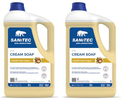 SANITEC igiene sicura Luxor Gold Argan, Crema Sapone Profumata Idratante con Glicerina e Antibatterico, Deterge le Mani Lasciandole Pulite, pH 5,5, Dermatologicamente Testato, 2 Confezioni da 5 L