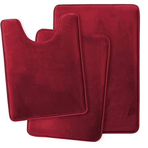 Lifup Badematte 3er Set, Weiche rutschfeste Mikrofaser Wasserabsorbierend Badezimmermatte Duschvorleger, 2 Badezimmer Teppiche, 1 Toilettenmatte Weinrot