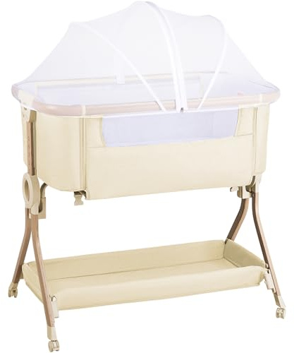 Larex Cuna Colecho para Bebé bassinet para recién nacido y bebé con mosquitera, bolsa y cesta de almacenamiento, 5 alturas ajustables,4 Ruedas con Freno, colchón transpirable y paredes de malla(Caqui)